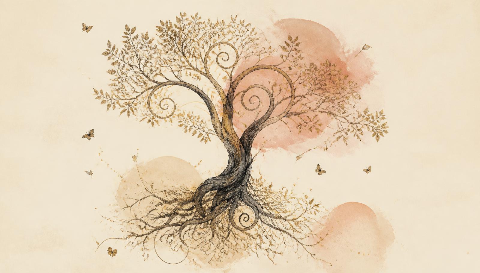 Ilustración editorial original: árbol de raíces y ramas entrelazadas en tinta dorada sobre papel marfil, evocando memoria, generaciones y tiempo.